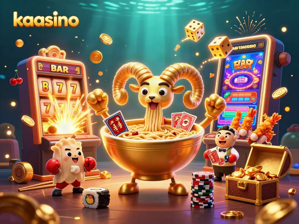 Experience the excitement of kaasino with giant ramen dealers and vibrant casino elements.