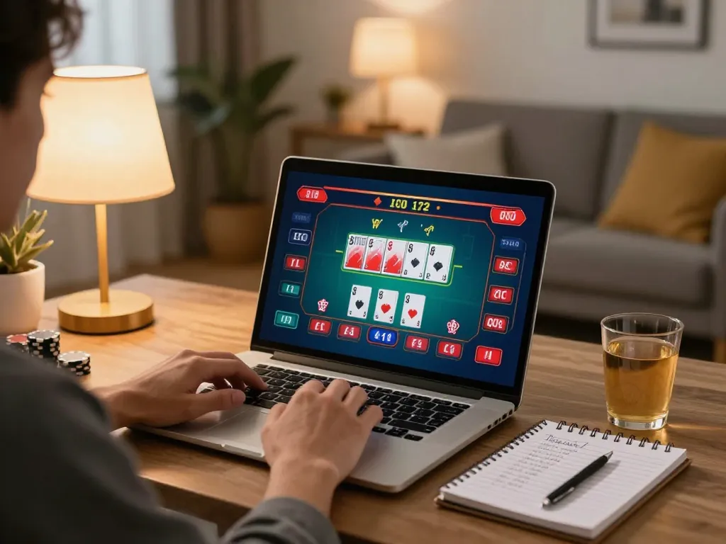 Engaged player at DN88 online casino on laptop, showcasing strategic poker gameplay in a cozy setting