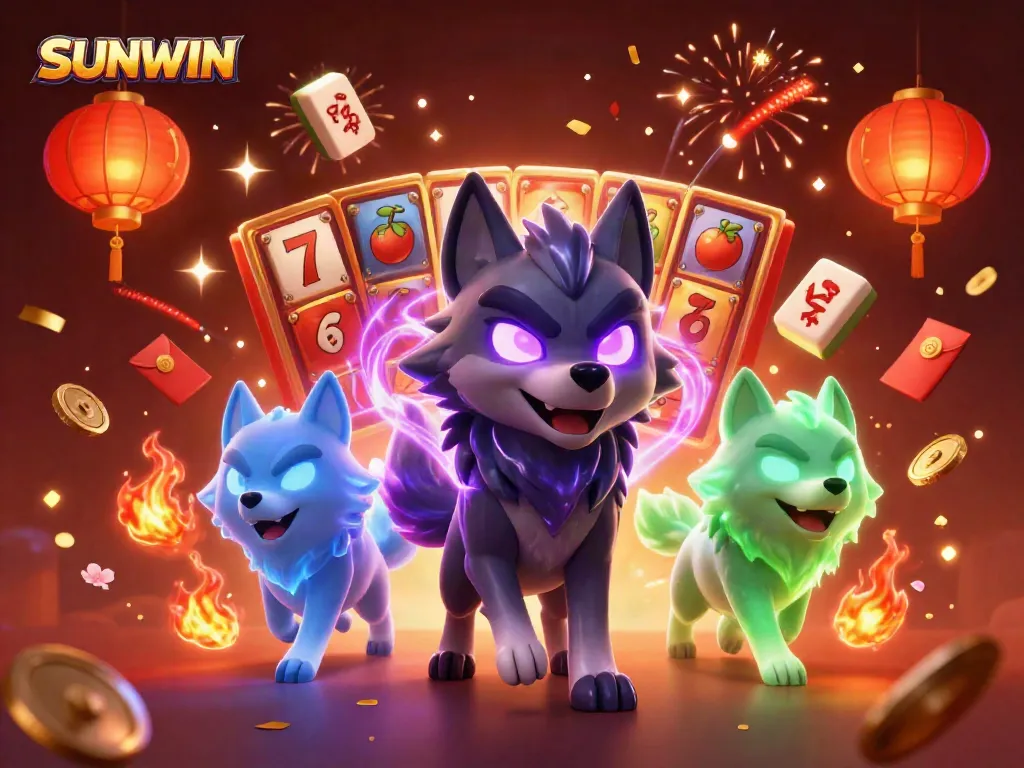 SUNWIN showcases a thrilling casino scene with a shadow wolf pack leader and floating game elements.