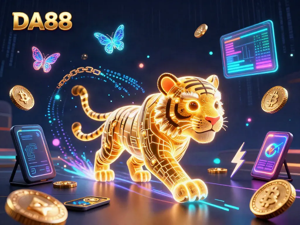 Engage with DA88 in an electrifying casino scene featuring a glowing golden tiger and holographic butterflies