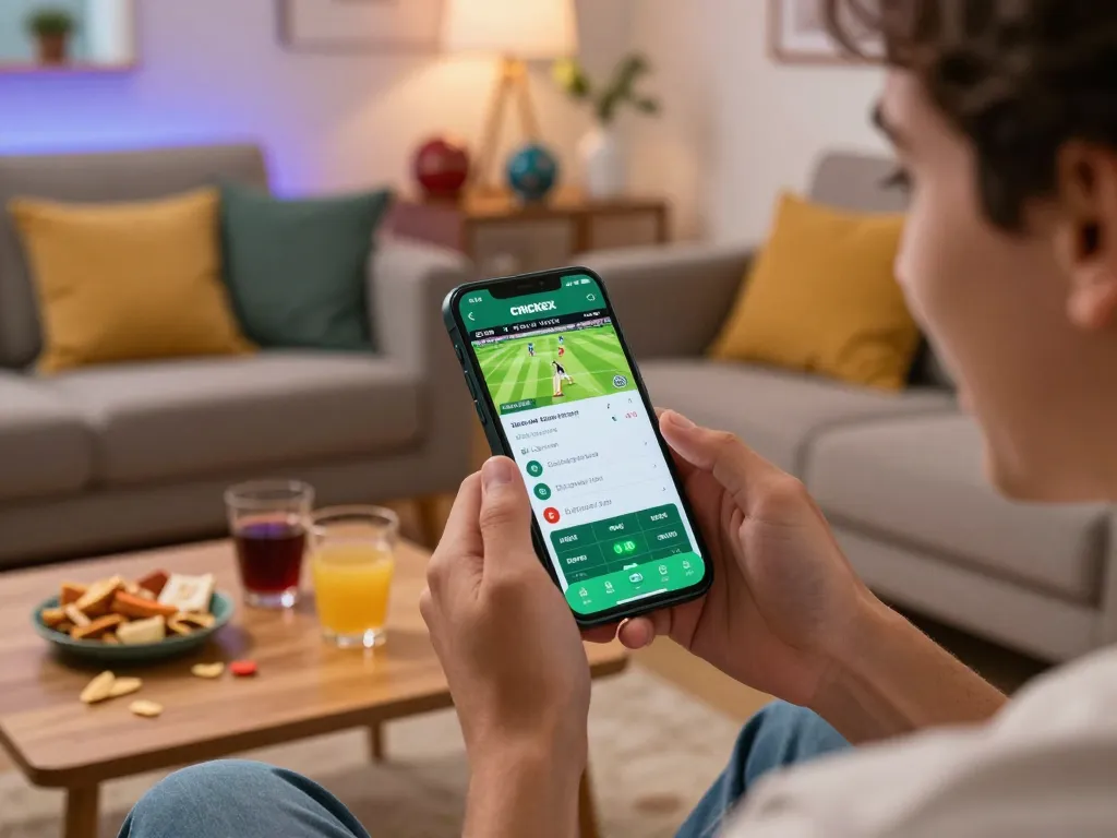 Engaged bettor using Crickex app for live cricket betting in a cozy home setting