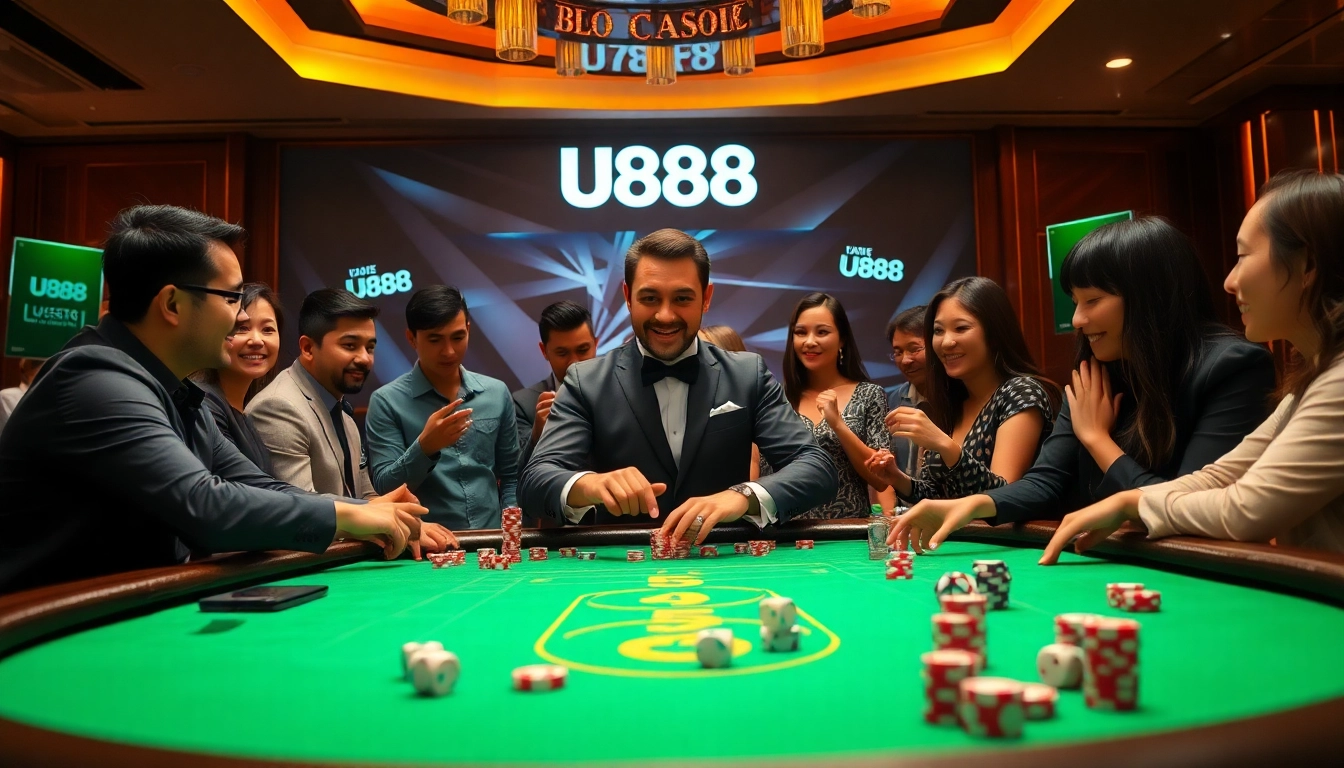 U888 casino players strategizing with poker chips at a high-stakes table.