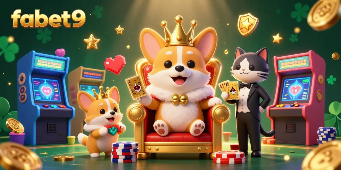 Spin the reels at fabet9 featuring a royal corgi and its butler amidst dazzling gaming elements.
