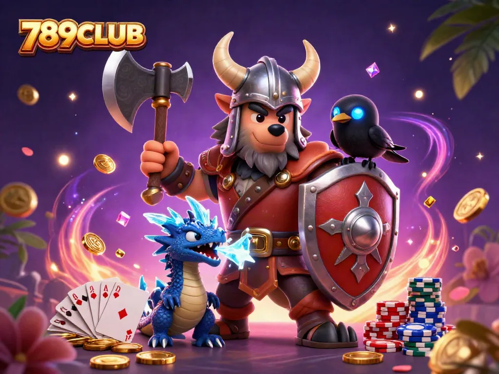 Engage with thrilling games at 789CLUB featuring a Viking warrior, dragon, and dynamic casino elements.
