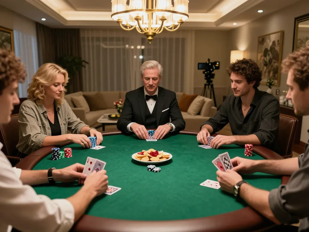 ONE88 players enjoying a strategic poker night with rich ambiance and snacks.