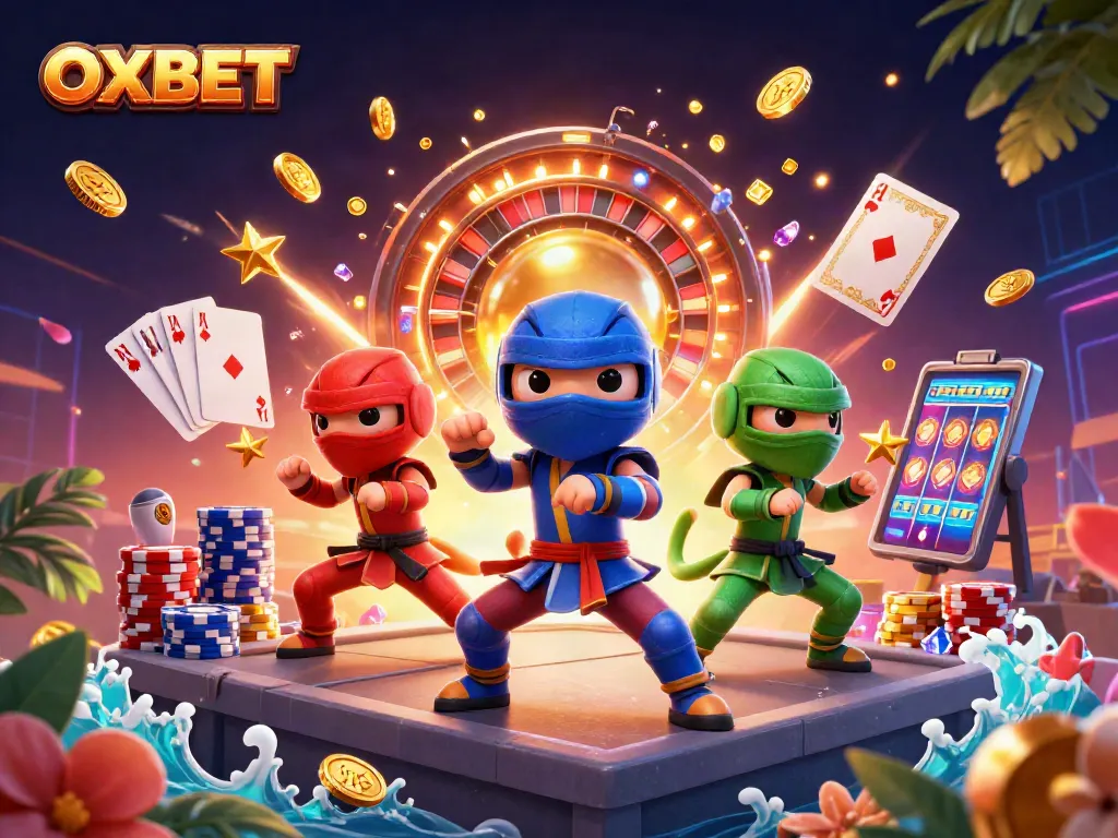 Experience thrilling action with OXBET's vibrant casino illustration showcasing a ninja chameleon team amidst golden coins.