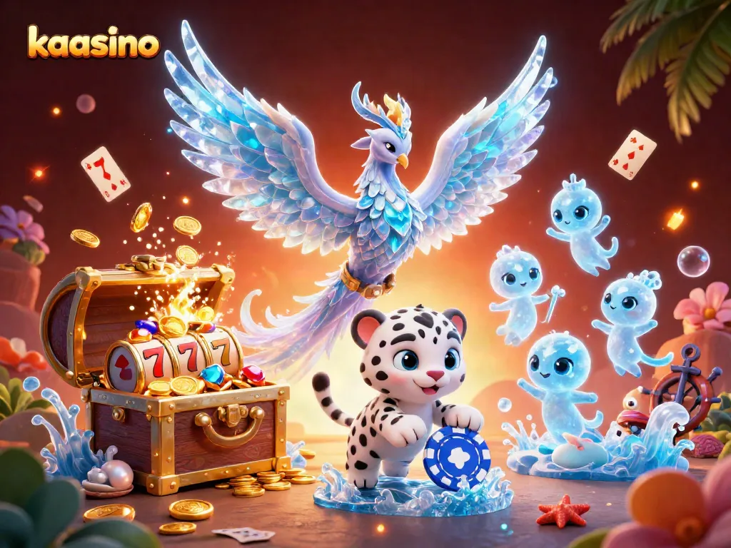 Kaasino offers a vibrant 3D scene with an ice phoenix and treasure-filled slots.
