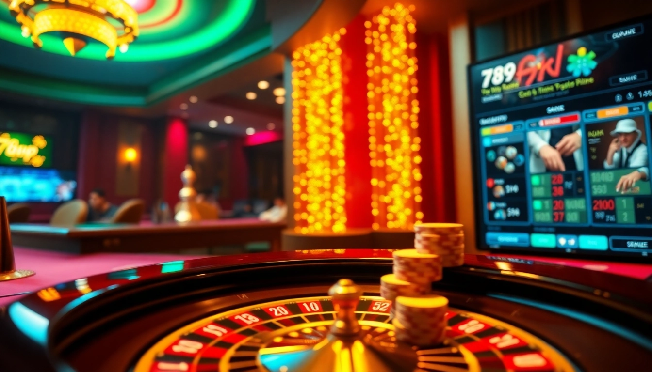 Players enjoying high-stakes games at 789P casino with vibrant roulette and poker tables