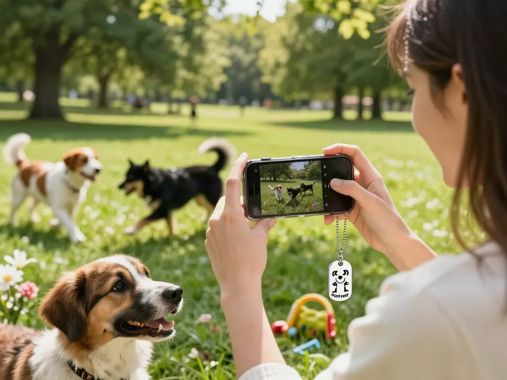 Hondenpenning met naam en design, gepresenteerd door een blije hond in het park.