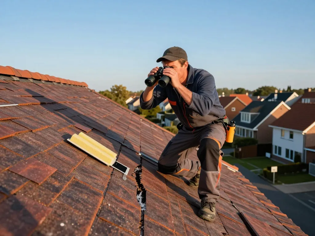 Expert dakdekker inspecteert een dak op daklekkage in Deventer, waarbij professionele reparatiediensten worden benadrukt.