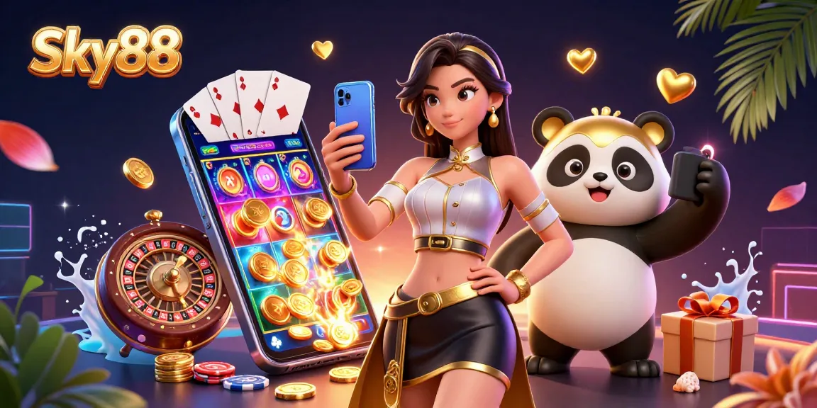 Experience Sky88's vibrant casino world with an elegant Asian woman and cheerful panda mascots enjoying gaming together.