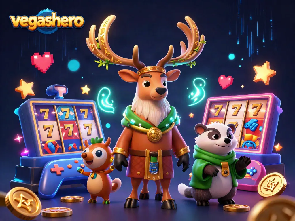 Experience gaming excitement with vegashero's vibrant casino scene filled with 3D characters and slot elements.