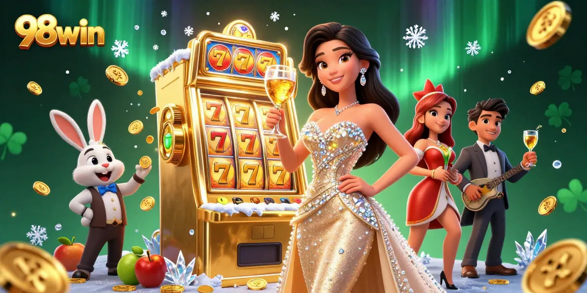 Experience exciting slots and jackpots at 98win with a stunning woman celebrating near winning machines.