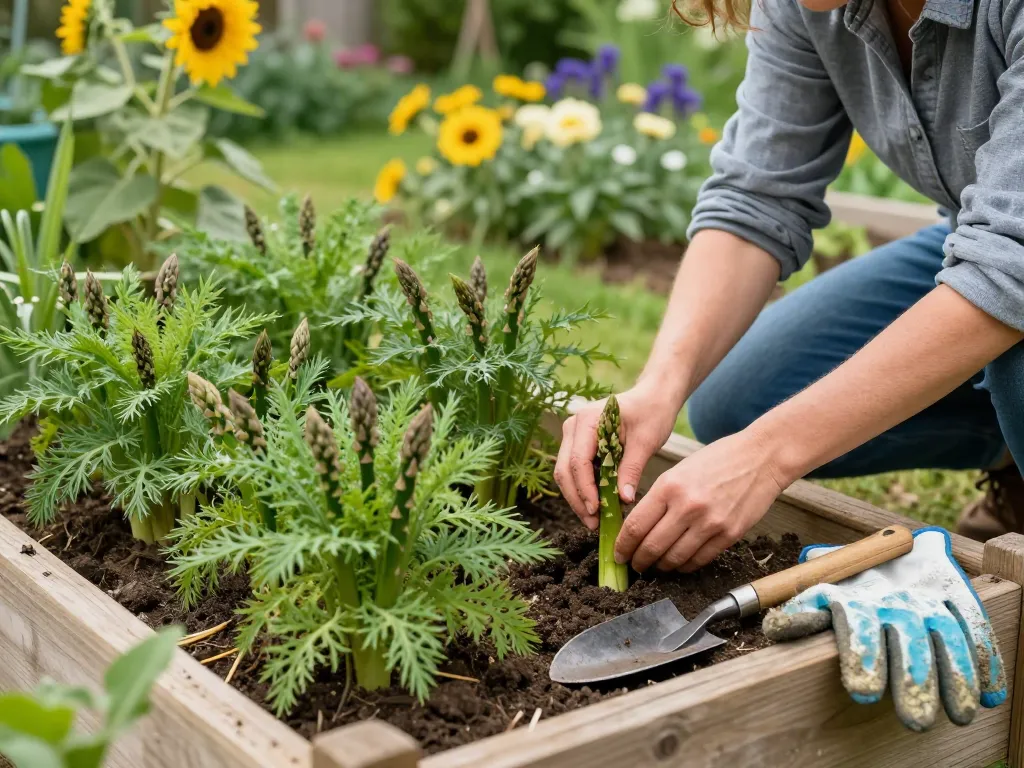 Gardener cultivating fresh asparagus plants, showcasing asperges kweken in a vibrant home garden.