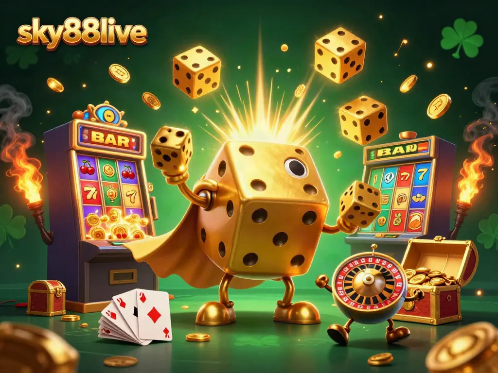 Experience the excitement of sky88live with a golden dice golem juggling coins amidst a vibrant casino scene.