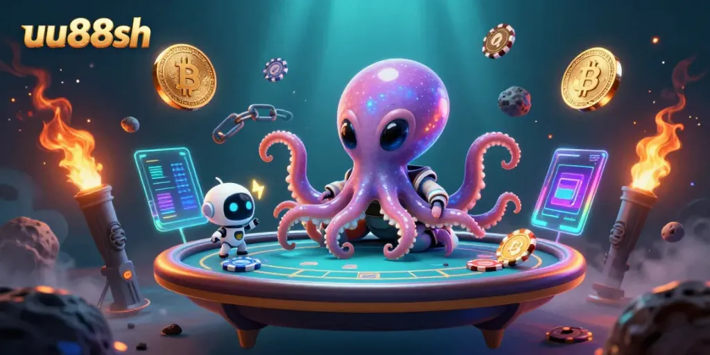Experience thrilling gaming with uu88sh, featuring a holographic poker table and vibrant crypto elements.