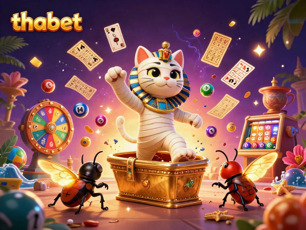 Experience thrilling gameplay with thabet as a mummy cat and a scarab beetle explore a vibrant casino.
