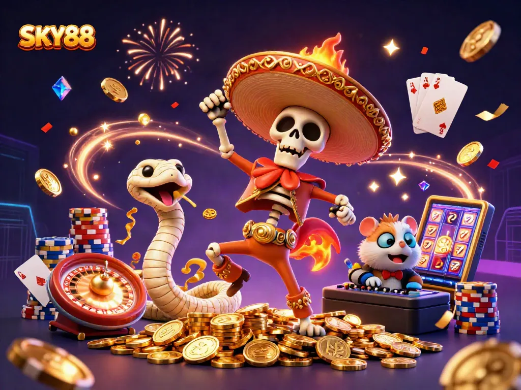 Experience the thrill of winning at SKY88 with dynamic casino characters celebrating on golden coins.