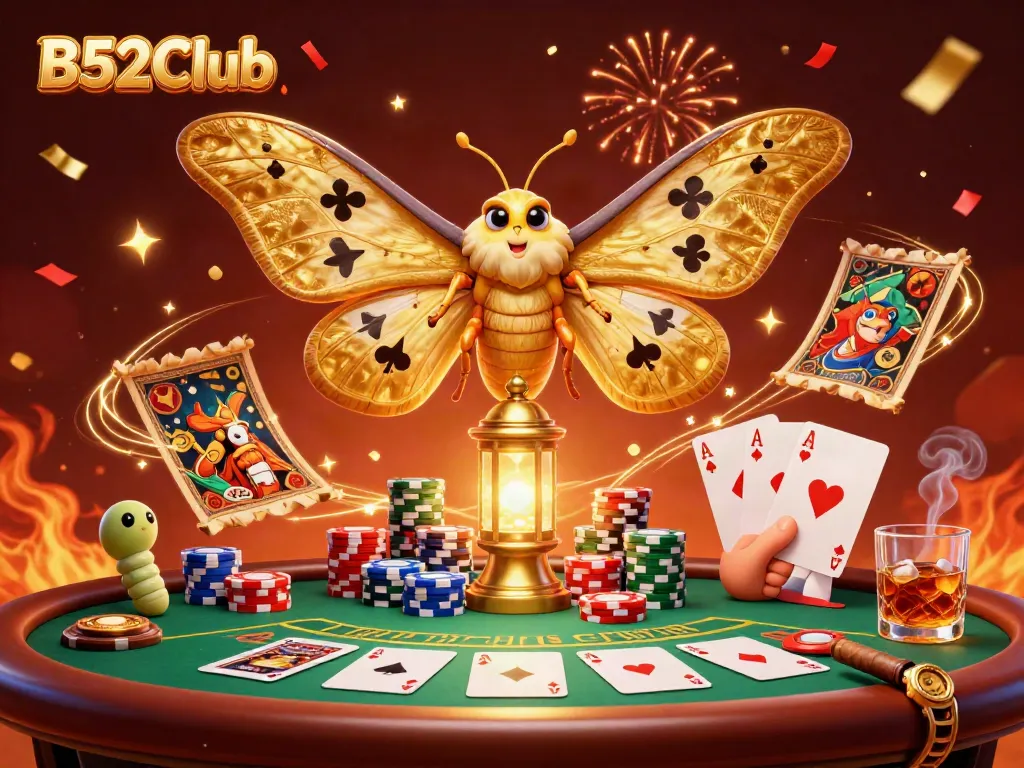 Engage with B52Club in a vibrant casino scene featuring a colorful atlas moth amidst poker elements.
