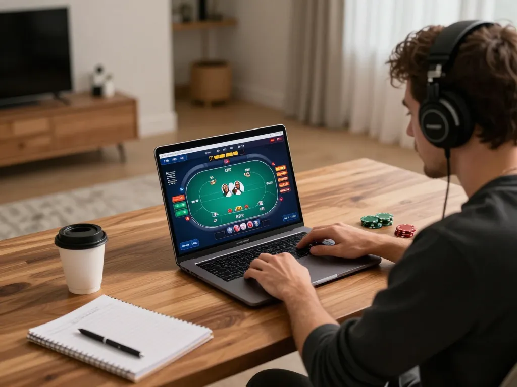YO88 online poker gameplay at home with player focused on laptop and strategy notes.