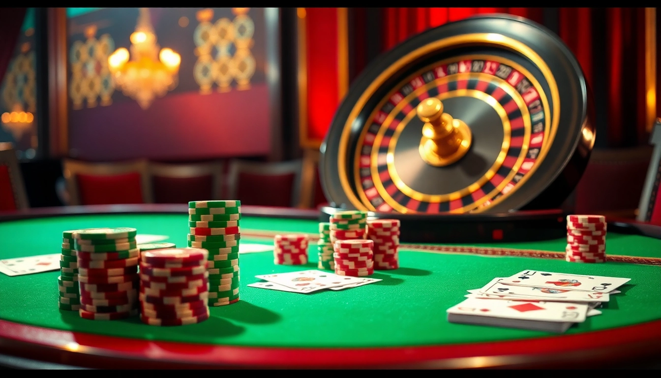 Experience the excitement of Nhà cái vb88 with elegant casino tables, poker chips, and a roulette wheel.