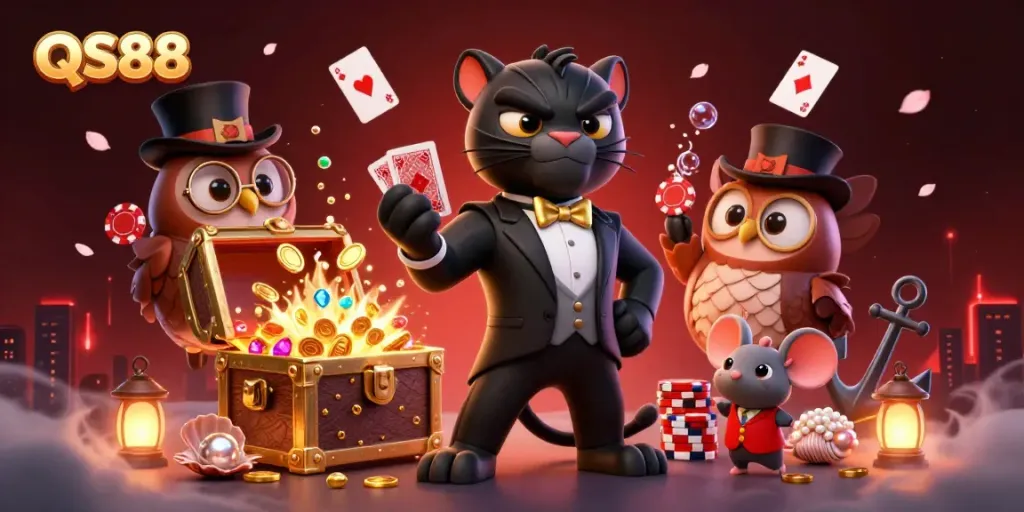 Experience thrilling gaming action with QS88 as stylish characters deal cards, surrounded by vibrant casino elements.