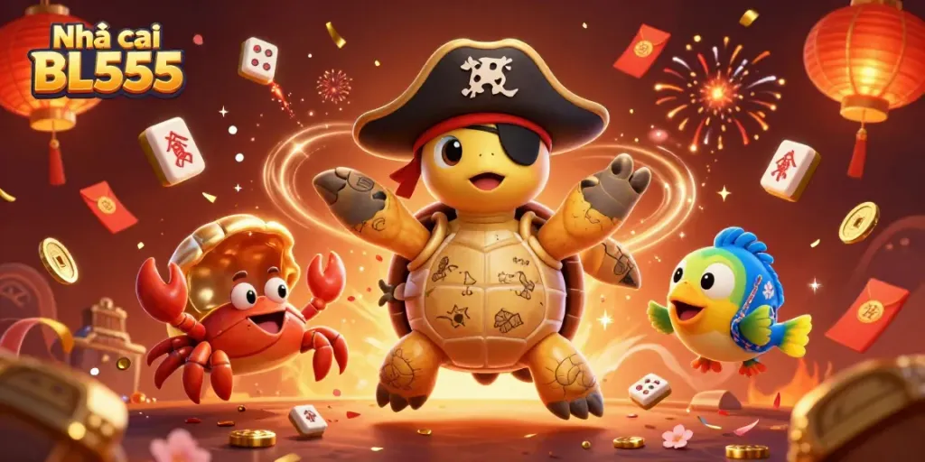 Engage with Nhà cái BL555's thrilling gameplay featuring a pirate turtle and treasures.