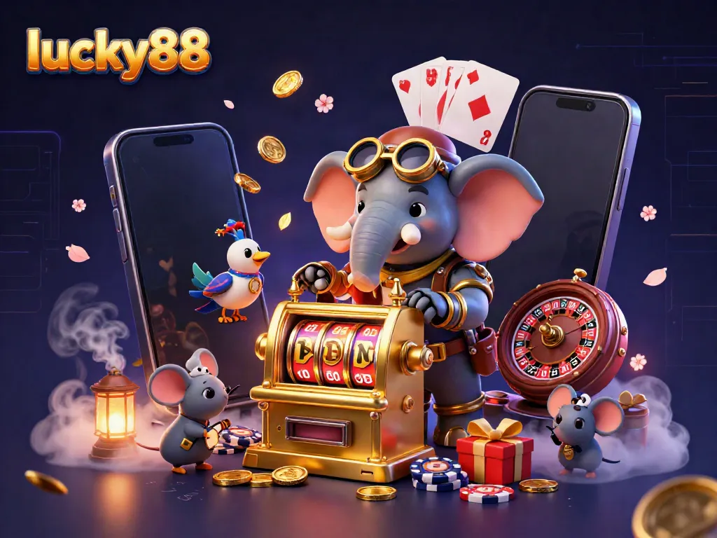 Experience thrilling gameplay at lucky88 with a steampunk elephant and a slot machine in an enchanting casino scene.