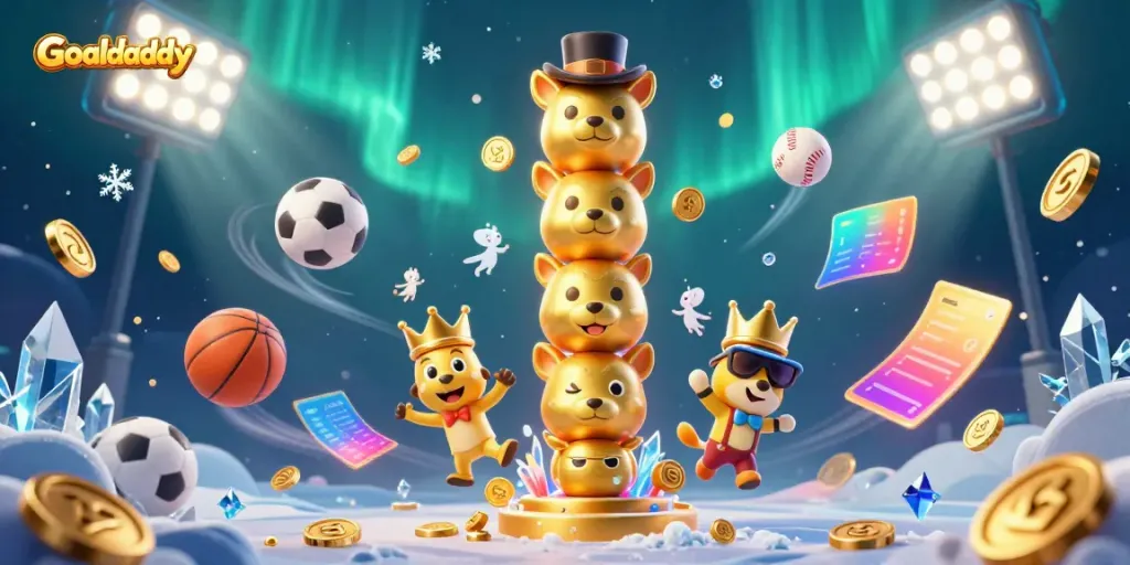 Engage with Goaldaddy's vibrant sports betting scene with a unique golden totem pole and dynamic sports elements.