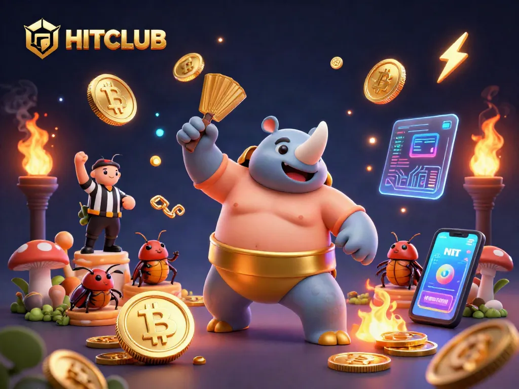 Engage with HITCLUB's thrilling gaming experience amid flying coins and vibrant casino elements.