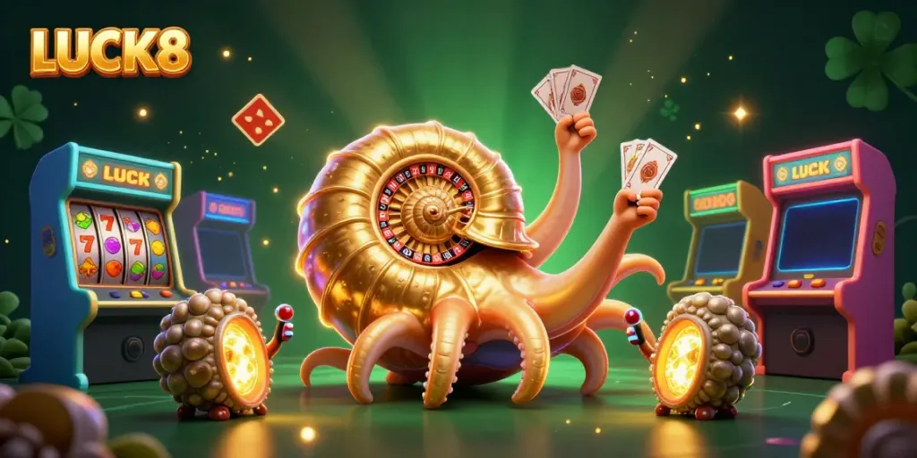 Experience winning moments with LUCK8 in an immersive casino-themed 3D illustration.