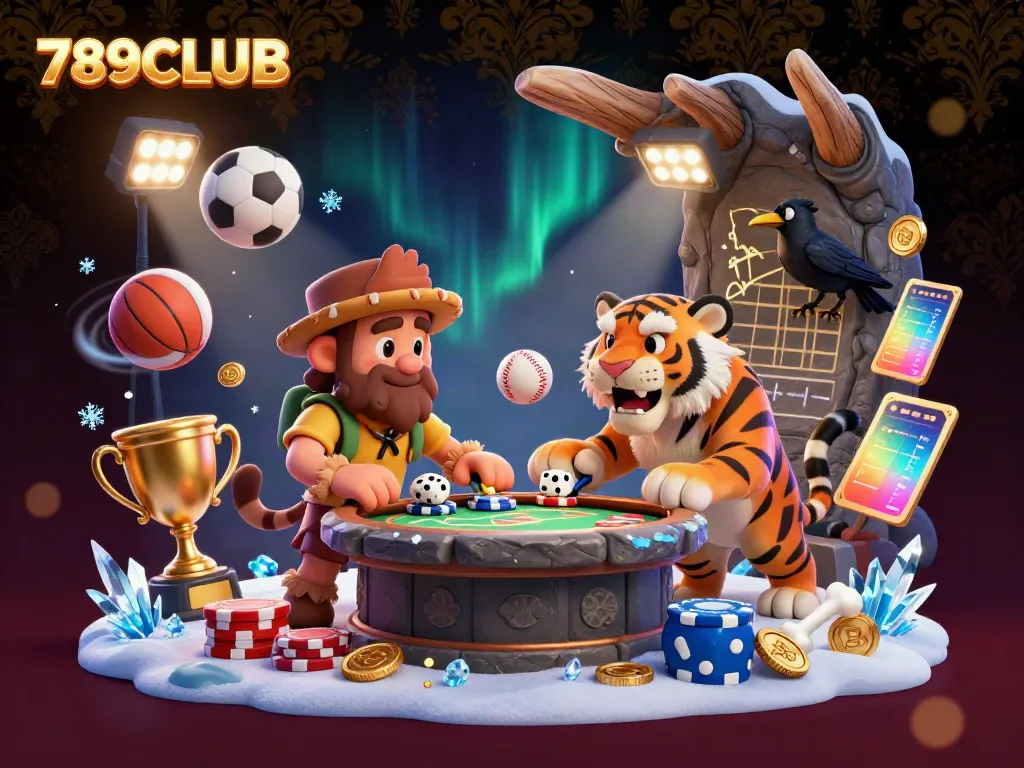 Engaging a lively scene at 789CLUB with a caveman and sabertooth tiger in a prehistoric casino, showcasing dynamic gaming elements.