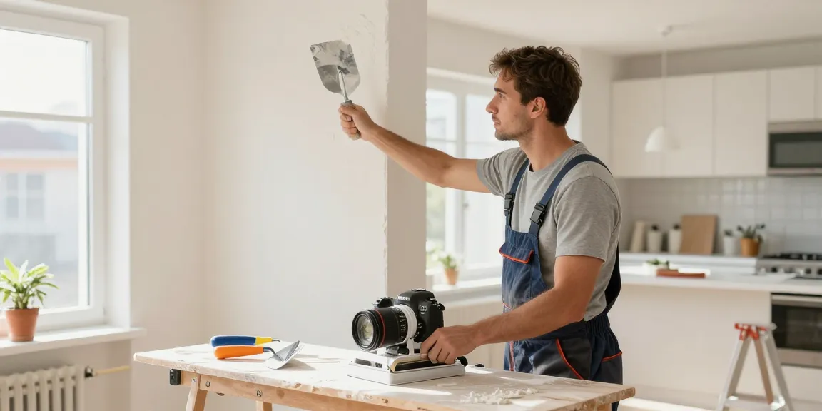 Professionele stukadoor die pleister aanbrengt in een heldere, moderne werkruimte.