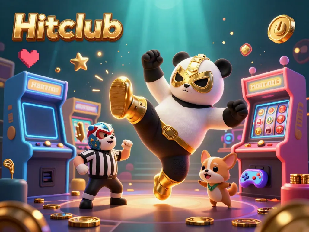 Hitclub's vibrant online casino scene features a panda wrestler performing a kick amidst game machines and cheering animals.
