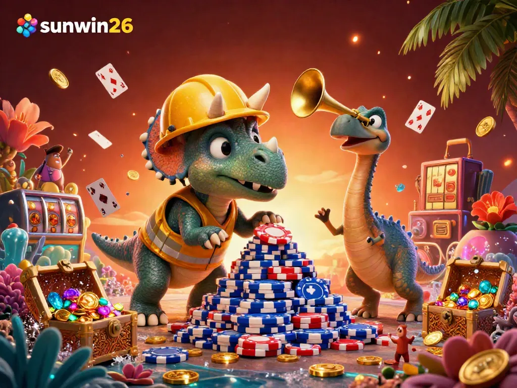 Engage in the vibrant world of sunwin26 with lively triceratops and casino elements, celebrating in style.