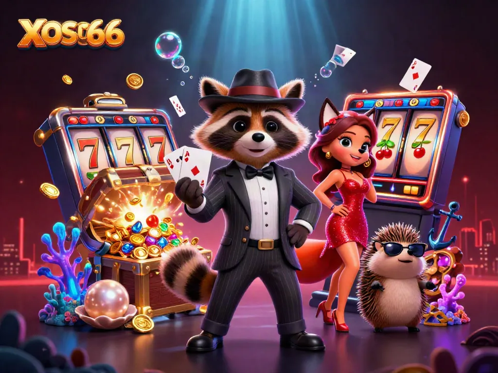 XOSO66 showcases winning hands and exciting gameplay in a vibrant 3D casino scene with characters immersed in fun.