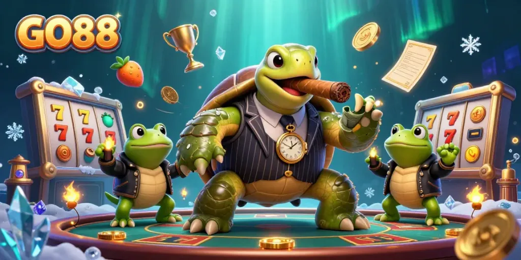 Engage with the GO88 casino world featuring a mobster turtle and bullfrogs in vibrant action.