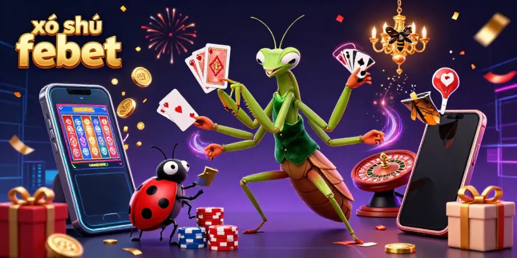 Engaging scene illustrating xổ số febet, featuring a giant praying mantis dealing cards amidst festive gaming elements.