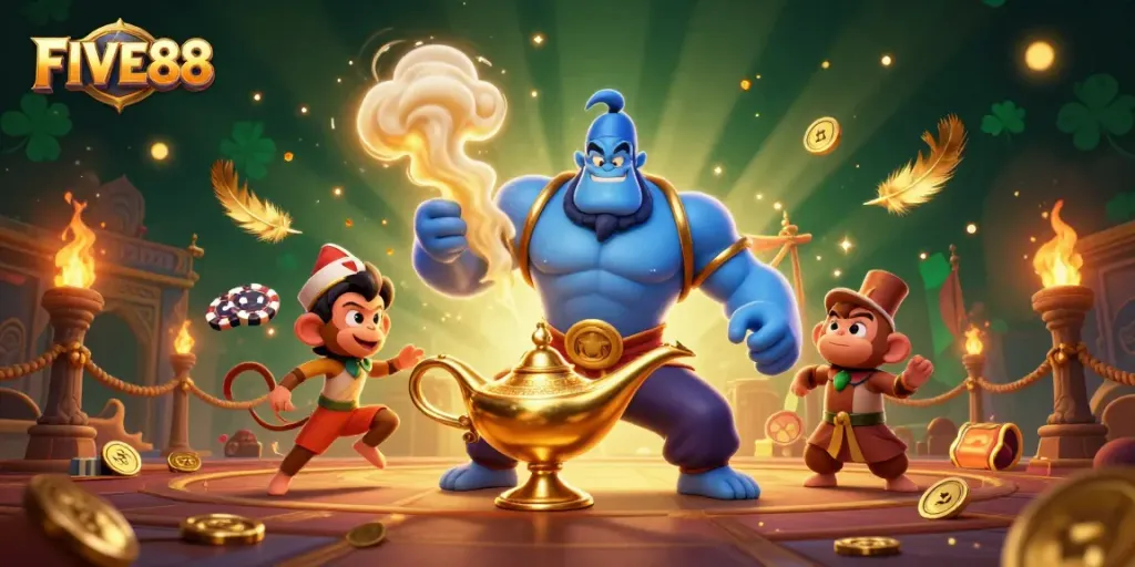 Experience the magic of gambling at FIVE88 with a dynamic casino scene featuring a genie, monkey, and poker chips.