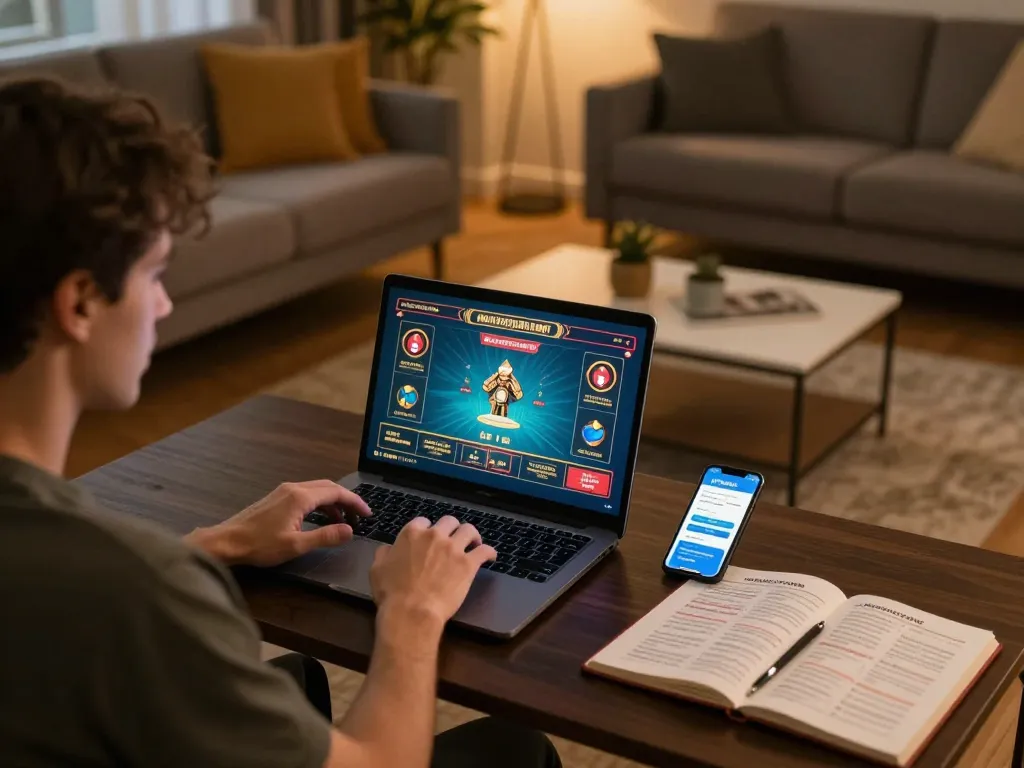 Kkwin user actively engaging in online casino betting on a laptop in a cozy home setting