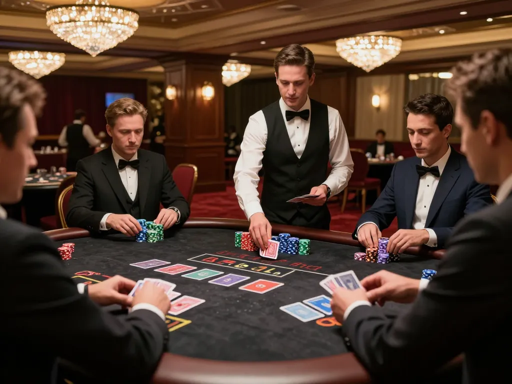 Players enjoying an intense sc88 blackjack game at an upscale casino table with vibrant chips