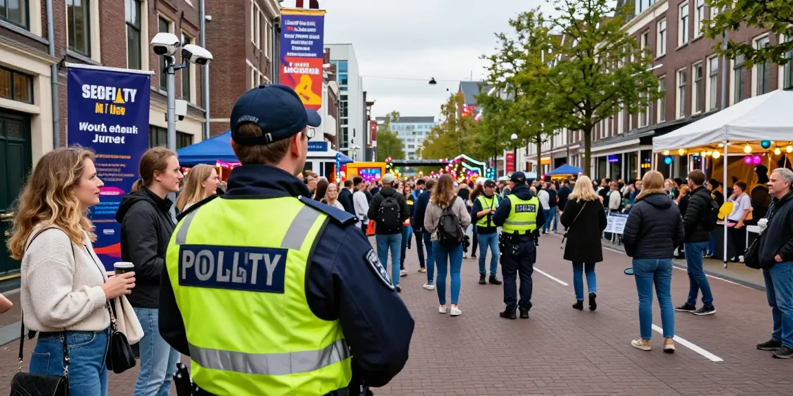 Professional security guard ensuring safety at a vibrant street event in Den Haag, emphasizing beveiliging den haag.
