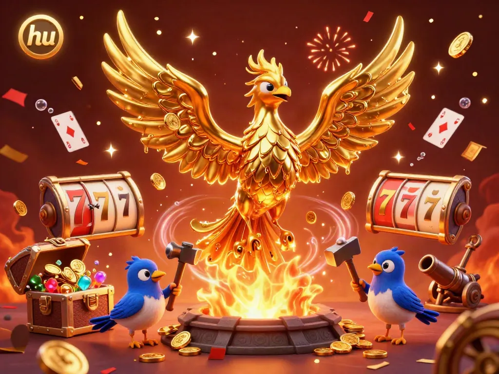 Spin the reels with the vibrant hu phoenix rising over casino treasures in a dazzling illustration.