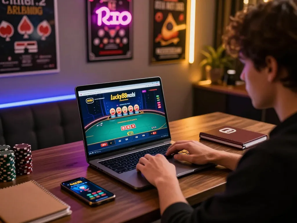 Engaged player using lucky88mobi online casino platform for strategic gaming session