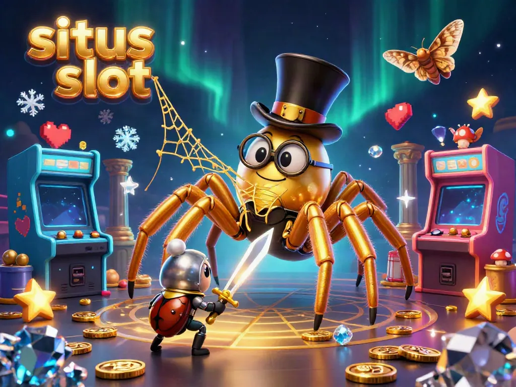 Experience thrilling gameplay at situs slot with a golden tarantula and knight in a rich casino scene.