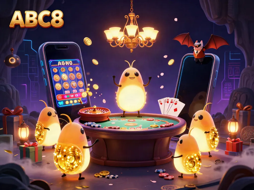 Catch the vibrant excitement of ABC8 casino with glowworms illuminating a gaming cave featuring slots and poker.