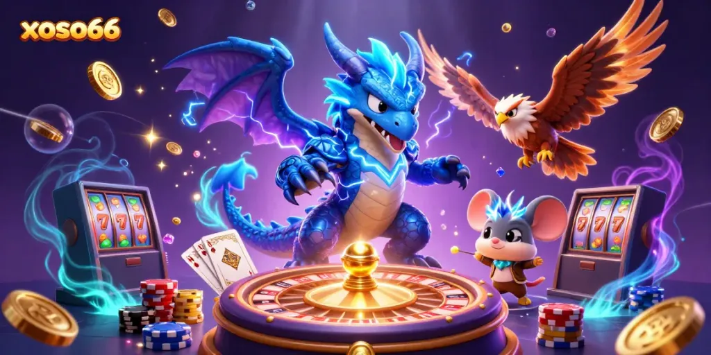 Win big with xoso66, featuring thrilling characters, casino elements, and electrifying visuals in this dynamic scene.