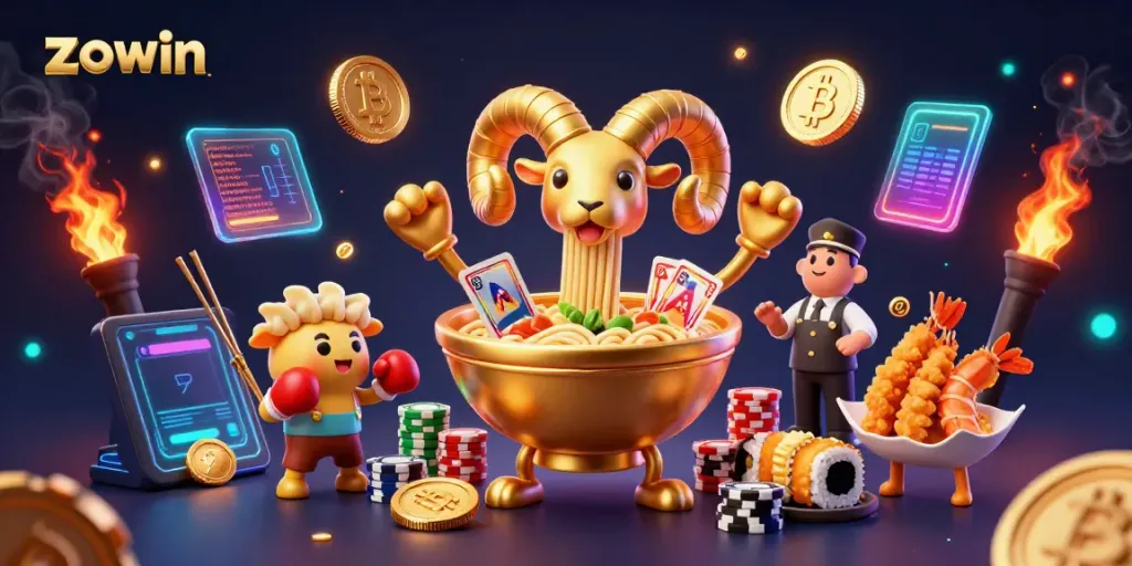 Engage with zowin’s vibrant online casino scene featuring a whimsical ramen bowl dealer.