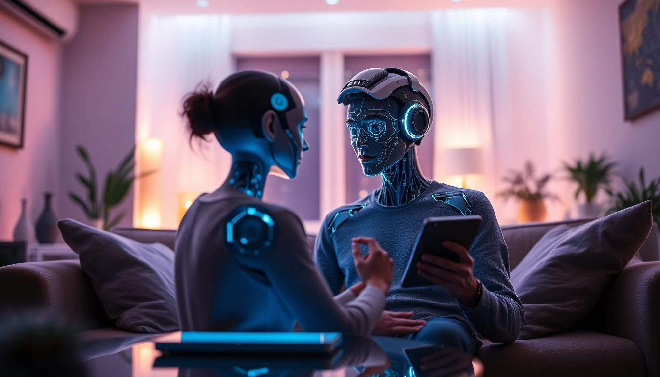 Sexting AI chatbot interaction in a modern living room with ambient lighting and digital devices.
