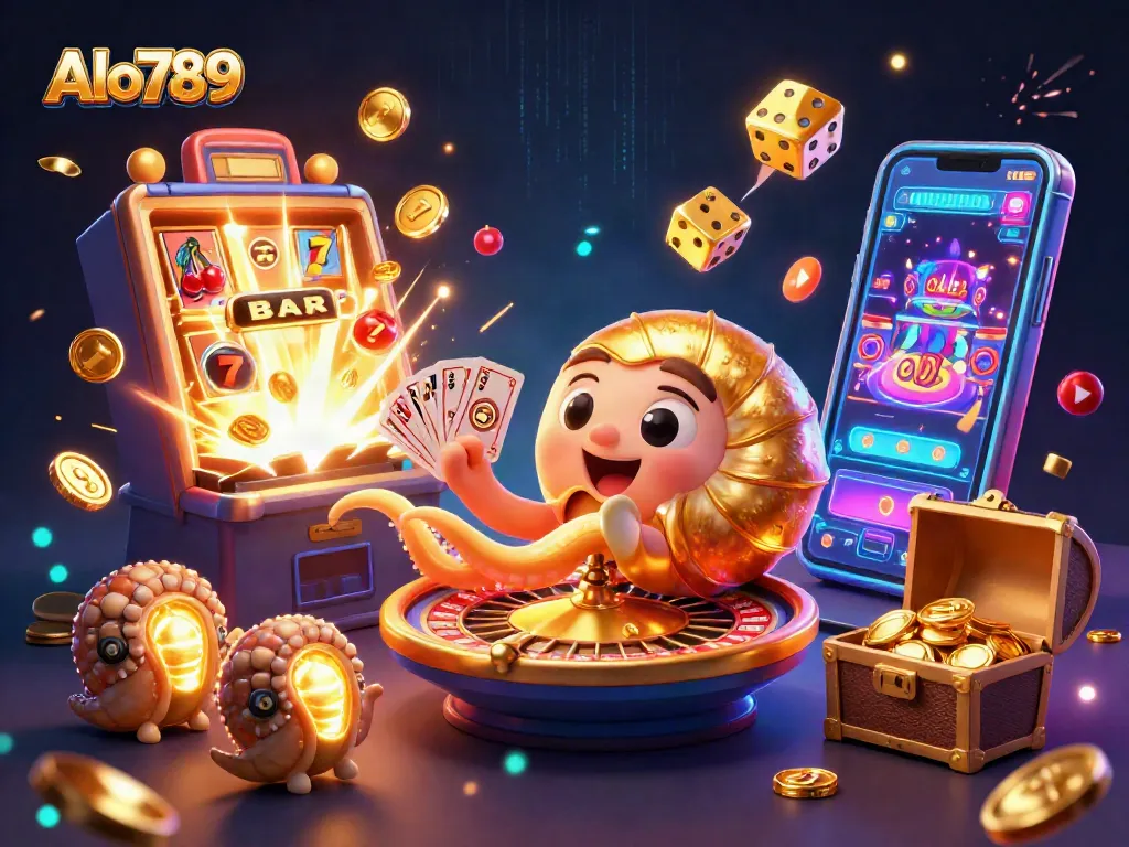 Alo789 engages players with dynamic 3D casino elements like a golden roulette wheel and jackpot excitement.